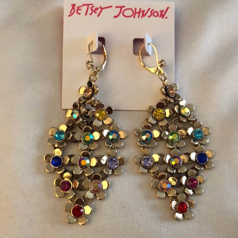 Betsey Johnson Gold Tone Flower Fest Chandelier Drop Earrings Crystal Accent NWT